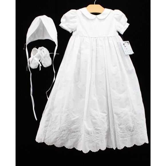 Vintage New 6 Mos Baptism Christening Gown Set Dress Hat Booties Old Stock - Picture 2 of 15
